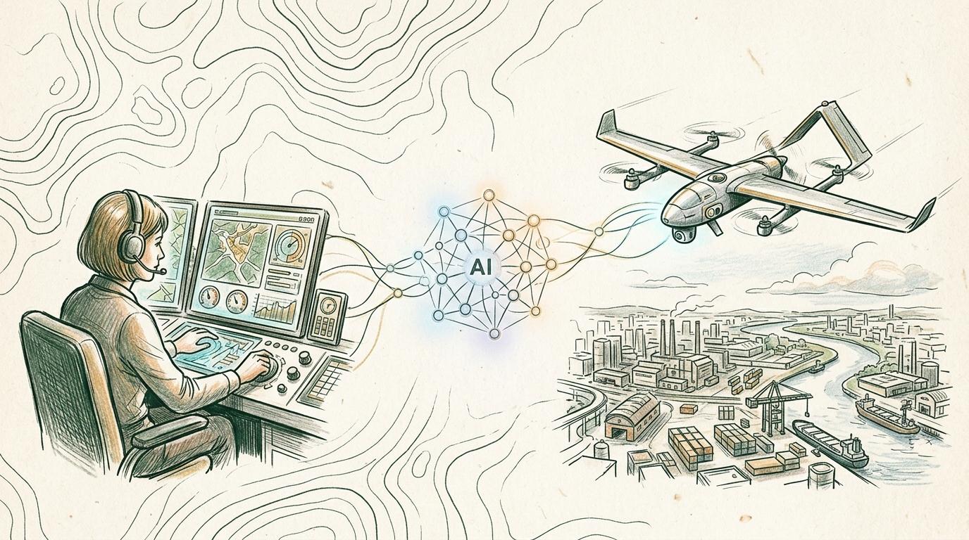 Hand-drawn illustration of an AI network linking a control-room operator to a fixed-wing VTOL drone surveying an industrial city.