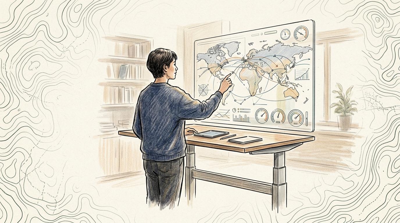 Hand-drawn illustration of a person using a large digital interface showing maps and flight telemetry.