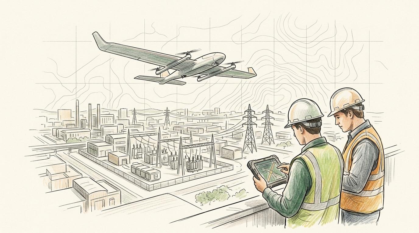 Hand-drawn illustration of two inspection workers reviewing drone telemetry on a tablet as a fixed-wing VTOL drone flies over an industrial site.